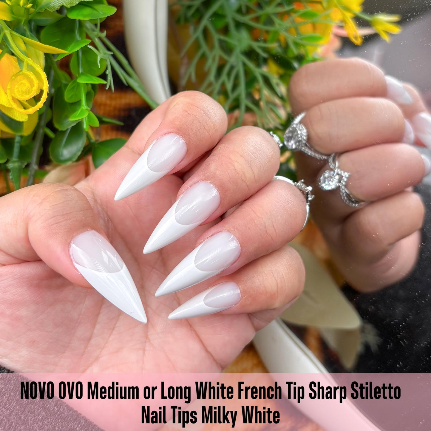 NOVO OVO Medium Long Sharp Stiletto Nail Tips (White French Tip) -Milky White Nude Soft Gel Press Ons, Pre-Designed Full Cover Fake Nails for Instant Salon Manicure, 16 Sizes (160 Pcs)