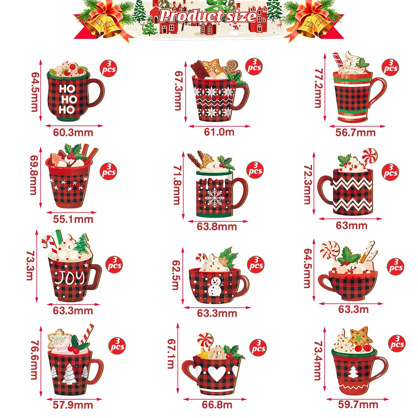 BBTO 36 Pieces Christmas Ornaments Hot Cocoa Wood Buffalo Plaid Coffee Mug with Rope Red Black Hanging Decoration Bar Xmas for Tree Home