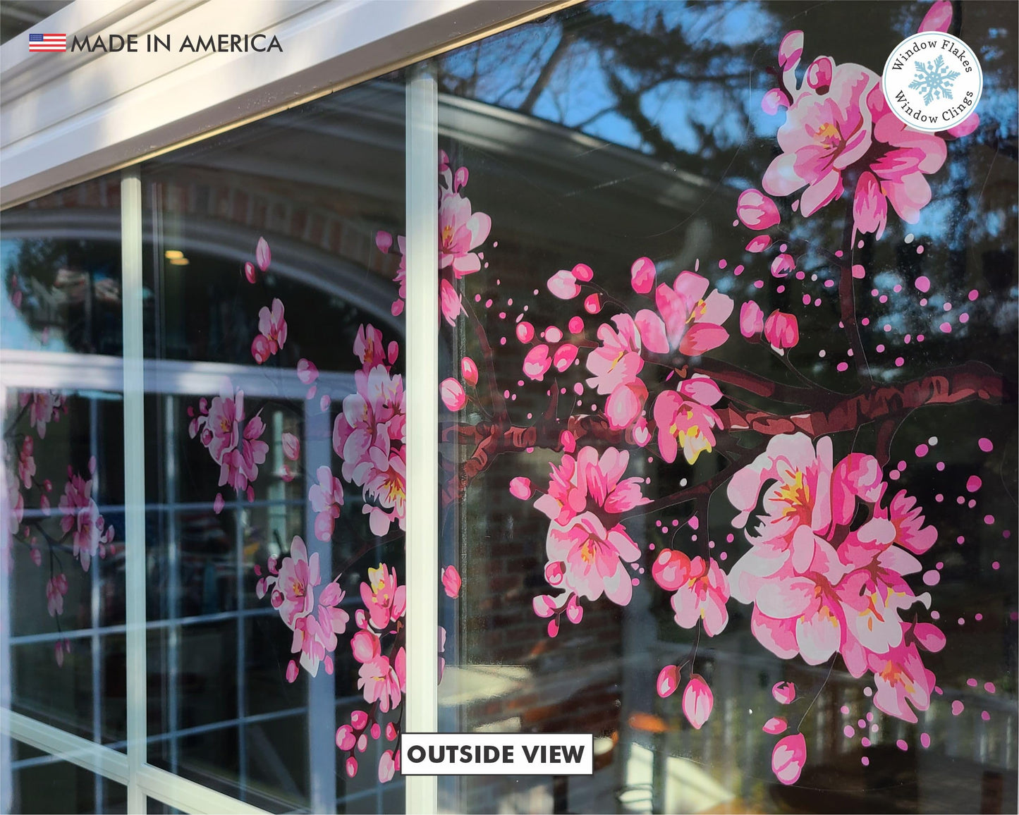 Window Flakes Cherry Blossom Window Clings - 2 Large 40" x 12" Spring Floral Border Decals - Double Sided UV Print Static Cling for Glass - Bird Strike Prevention Sakura Branch Decor - Made in USA