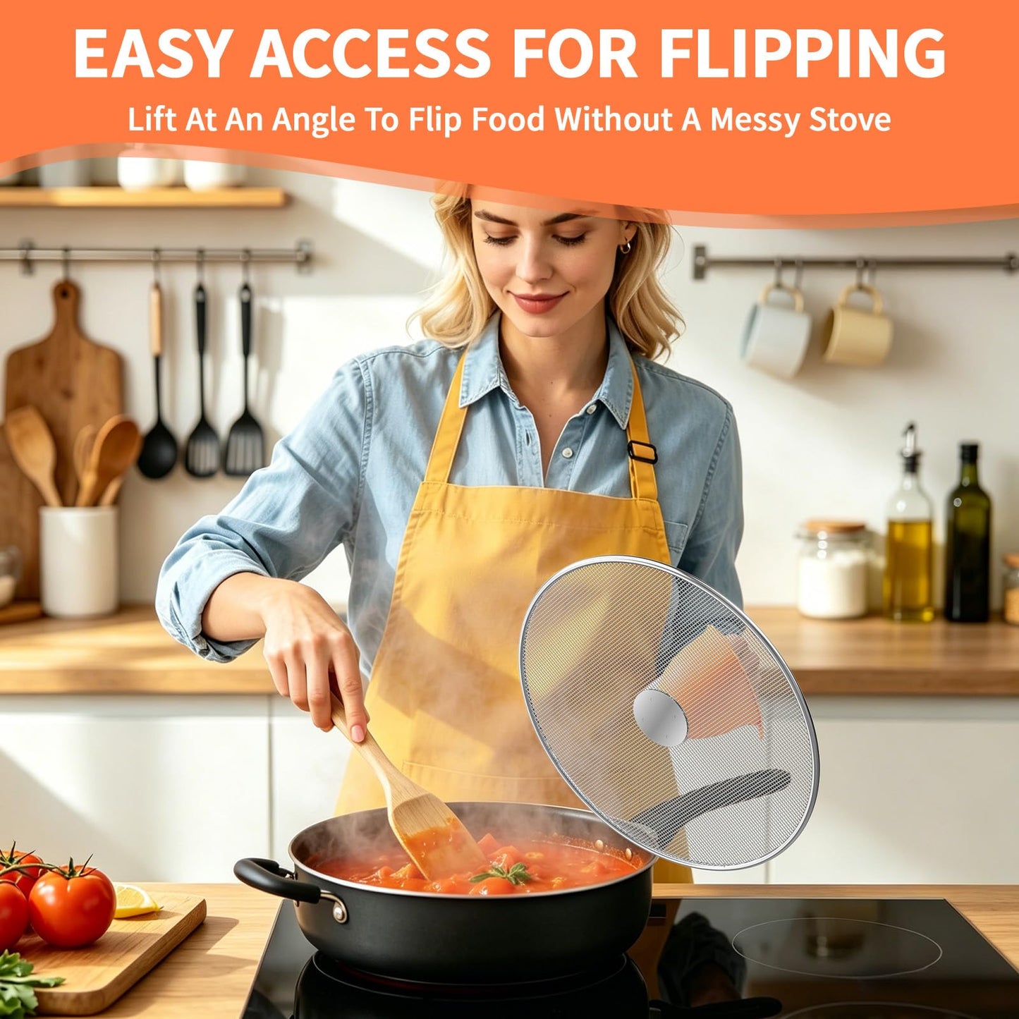 SHAOKAOLU Splatter Screen for Frying Pan Set, 3 Pack (10", 11.5", 13") Stainless Steel Grease Splatter Guard with Foldable Handle, Fine Mesh Oil Splash Screen with Silicone Oven Mitts, Dishwasher Safe