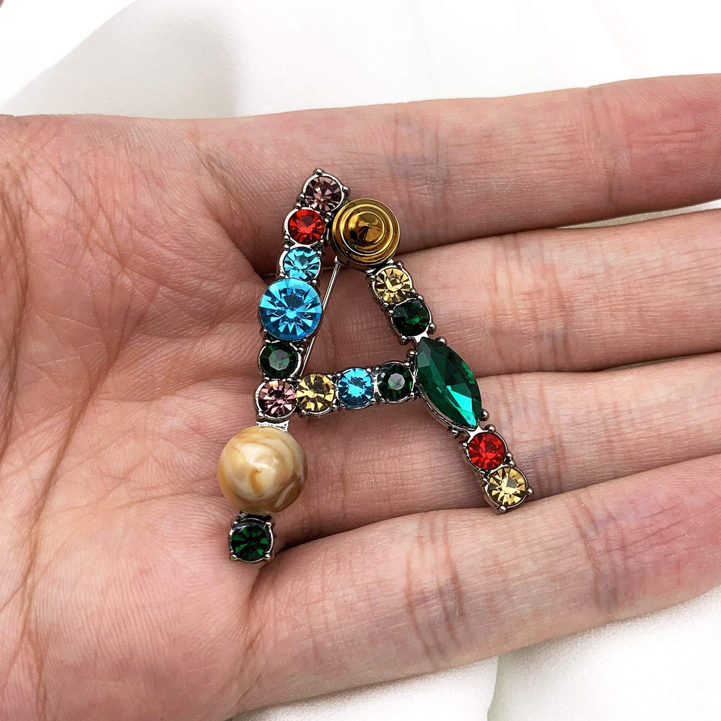 XGALBLA Letters A Plated Metal Stone Clear Colorful Crystal Lapel Pin Brooches Collar(Silver Tone)