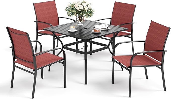 5 Piece Patio Dining Set for 4, 37”x37” Square Table with Umbrella Hole, 4 Metal Red Chairs, Outdoor Table and Chairs Set for Lawn Backyard and Deck