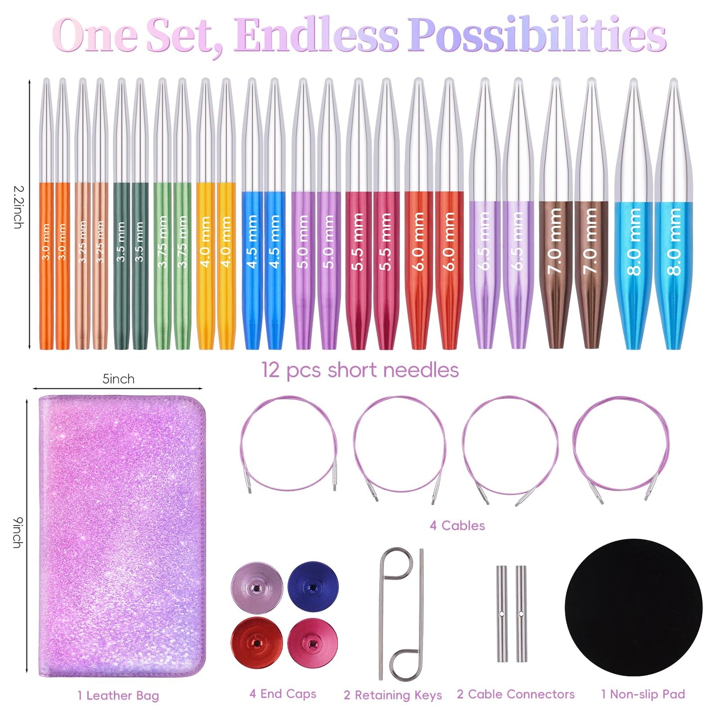 Weabetfu Interchangeable Knitting Needles Set 2 Inch Short Circular Knitting Needles for Sock,Aluminum Shorties Knitting Round Needles for Beginner and DIY Crafts (12 Pairs 3.0~8.0mm)