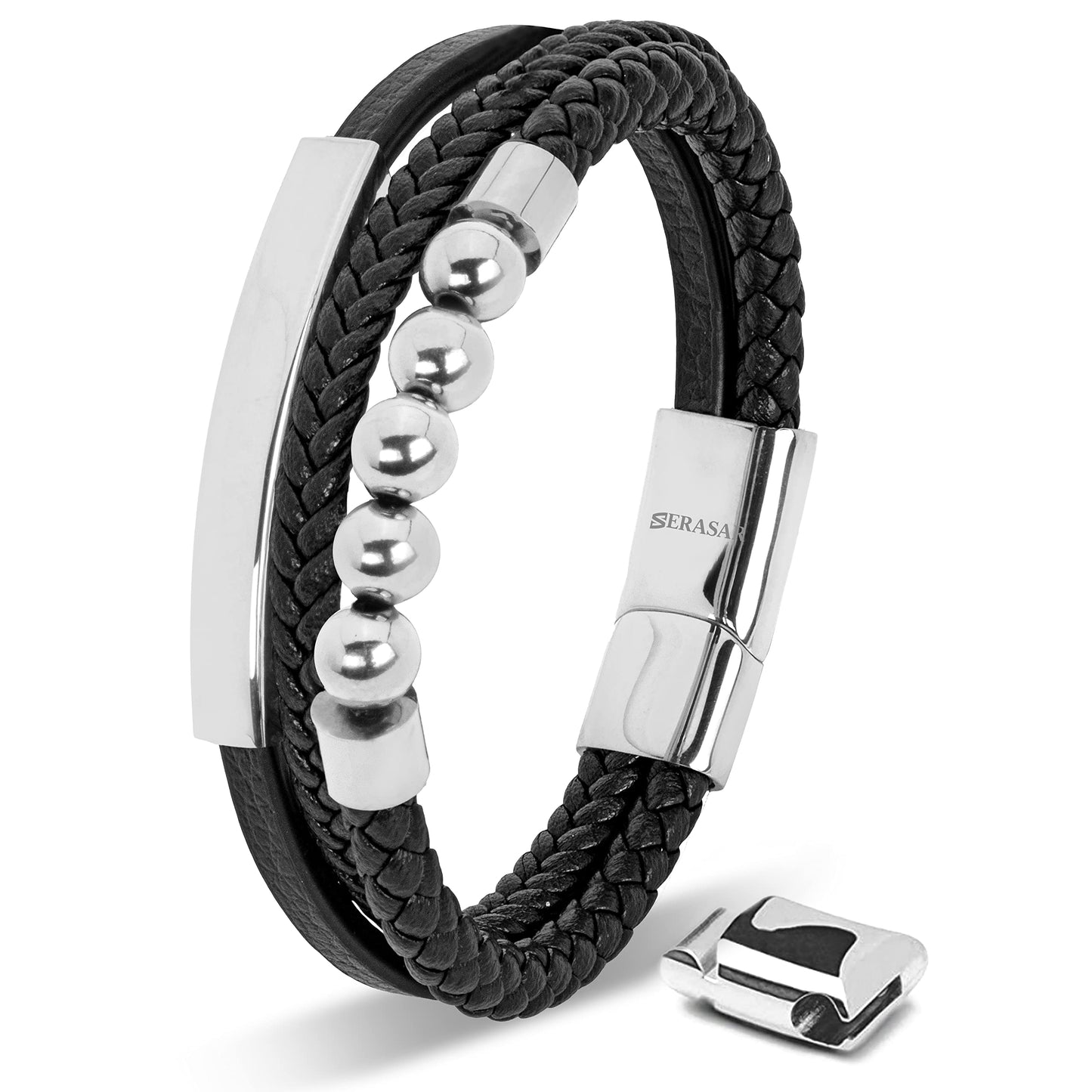 SERASAR Mens Silver Bracelets 23cm Bracelet Men Gift Box Genuine Leather Cowhide Braided Magnetic Clasp Multi Layer Wrap Rope Man Mans Male Band Jewelry Magnet Accessories