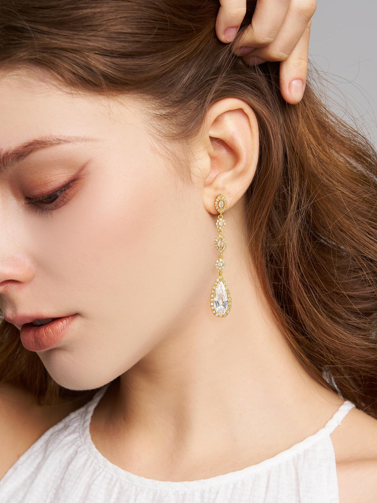 SWEETV Long Pear-Shaped Rose Gold Wedding Birdal Earrings for Brides, Bridesmaids, Crystal Chandelier Dangle Drop Earrings for Women Prom, Gold