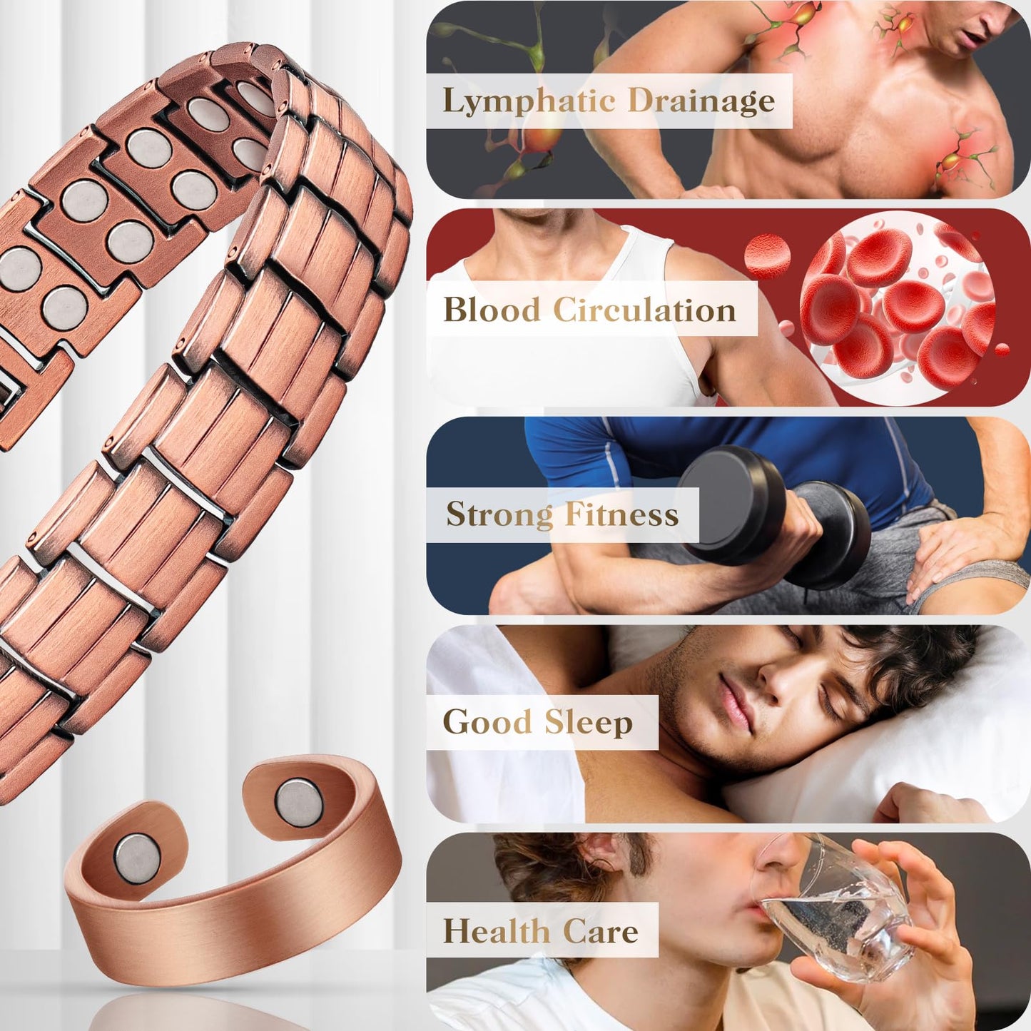 Copper Bracelets for Men & Lymphatic Drainage Ring, Magnetic Copper Bracelet with Double Row Magnets, Mens Bracelet Adjustable Length with Remove Tool