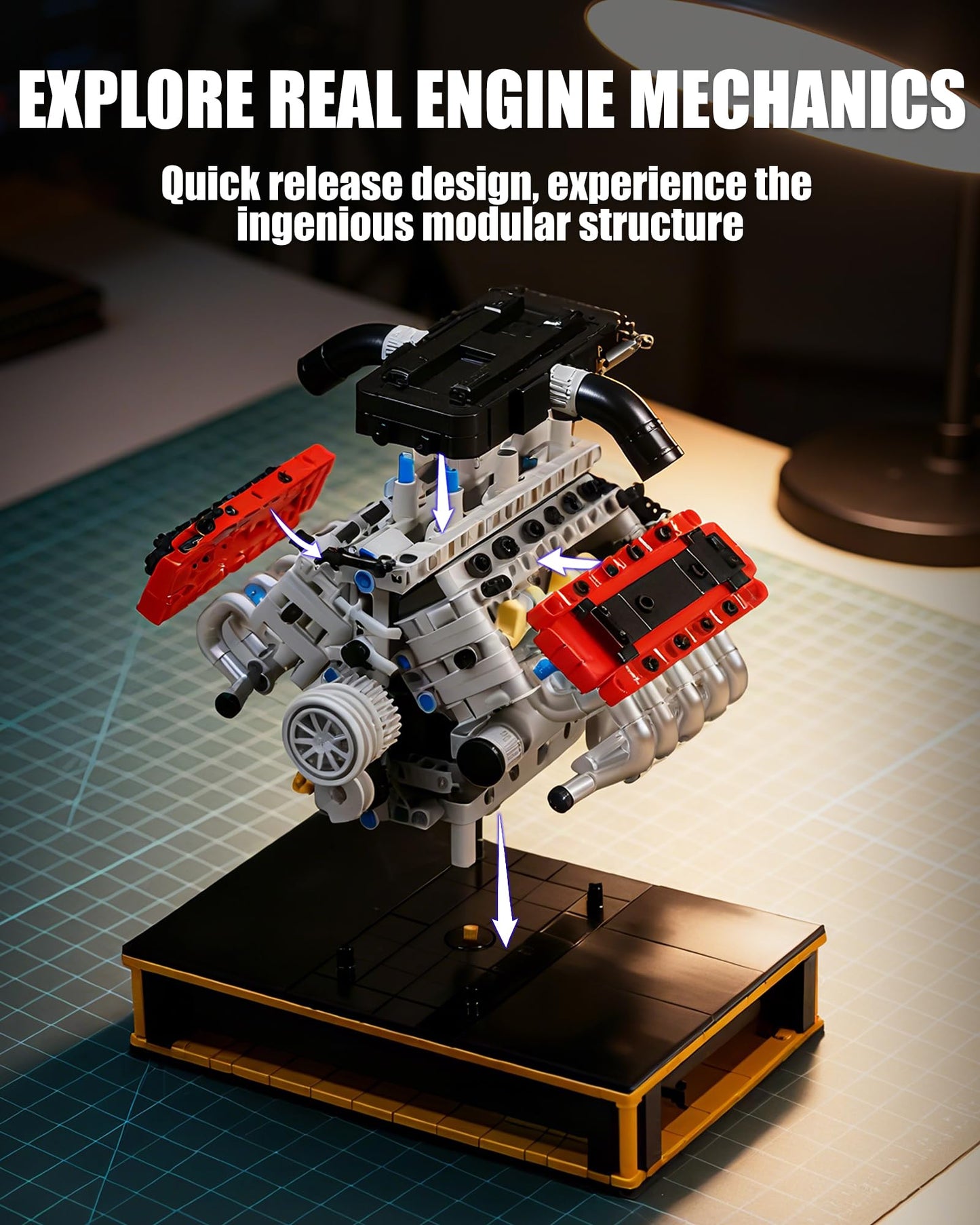 MOCBURIKU V8 Engine Building Set, Build Your Own Mini V8 Model Engine Kit that Run with Battery and Motor, 8-Cylinder Car Model Engine Building Toys for Adults Kids Age 14+ (1079PCS)