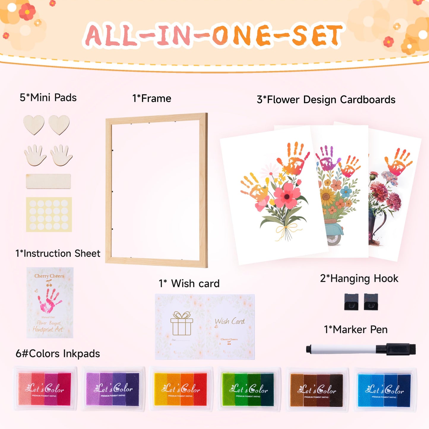 CHERRY CHEERS Flower Bouquet Handprint Art Kit, 3 Special Unique Sheets with Floral Design, DIY Keepsake Craft Gift, Meaningful Christmas or Thanksgiving Gift, 6 Colors Non-toxic Inkpads