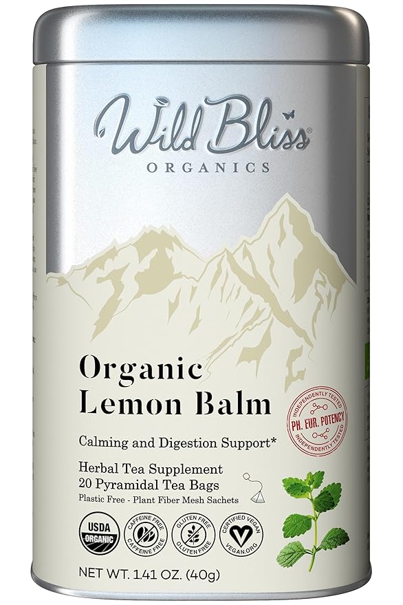 Organic Lemon Balm Tea - Caffeine Free Calming Herbal Tea - Pharmacopoeia Potency - 20 Plant Based Tea Bags