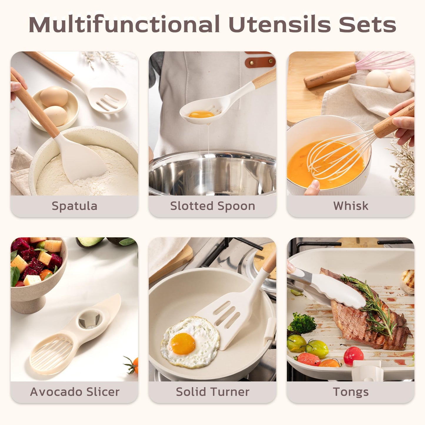 Astercook Kitchen Utensils set, 39 PCS Silicone Cooking Utensils Set with Wooden Handle, 446°F Heat Resistant Food Grade Utensil Sets, BPA Free Kitchen Gadgets Tools Set for Mothers Day Gifts