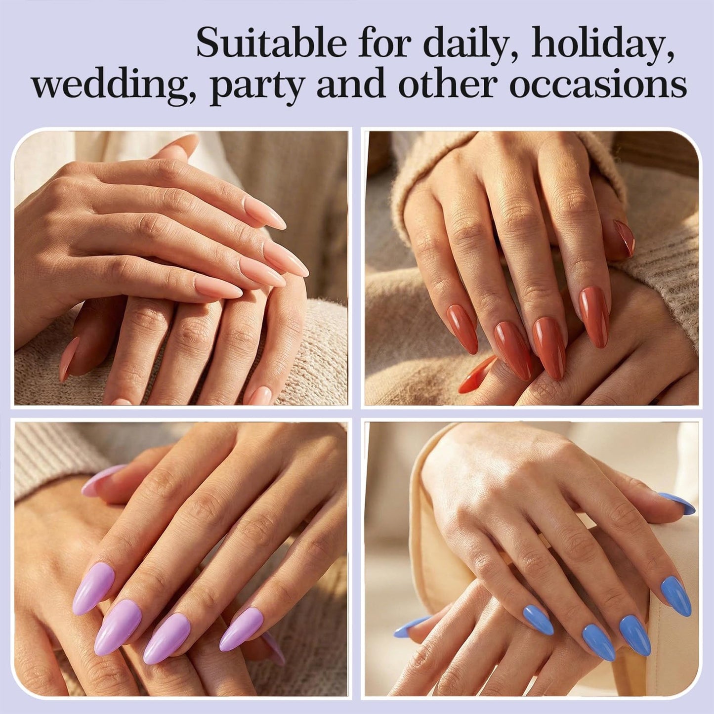 216 Pcs Almond Press on Nails Medium Almond Fake Nails with Solid Color Design Glossy Full Cover Easy Apply Manicure Kit for Women 9 Colors