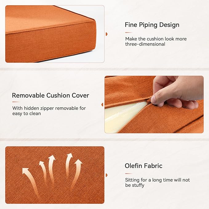 Luxury 6" Outdoor Cushions for Patio Furniture, 24x24x6" Thick Seat Cushion Set of 4, Fade Resistant Couch Chair Replacement Cushions High Density Deep Wicker Chair Cushion w/ Removable Cover, Orange
