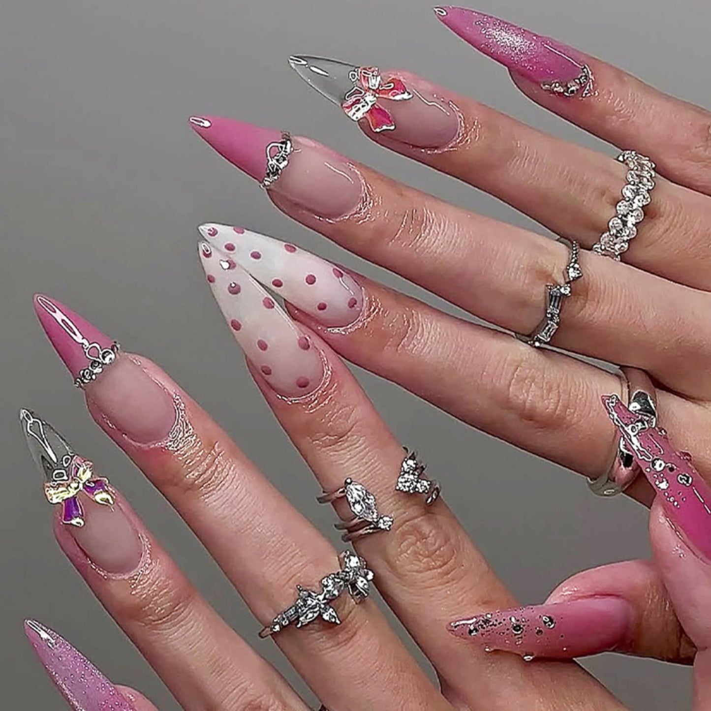 Almond Press on Nails Long Fake Nails Pink Acrylic Nail Press ons Seeneey 3D Bow Designs Sparkly Cat eyeStick on Nail for Women 24pcs