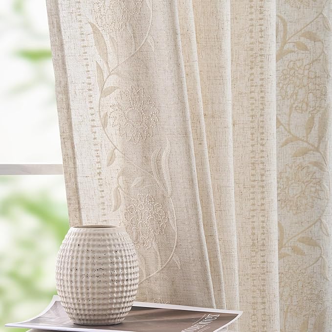 jinchan Winslow Linen Curtains for Living Room Floral Curtains 96 Inch Length Ivory Embroidered Bordered for Sitting Room Farmhouse Decor Light Filtering Window Treatments Set of 4