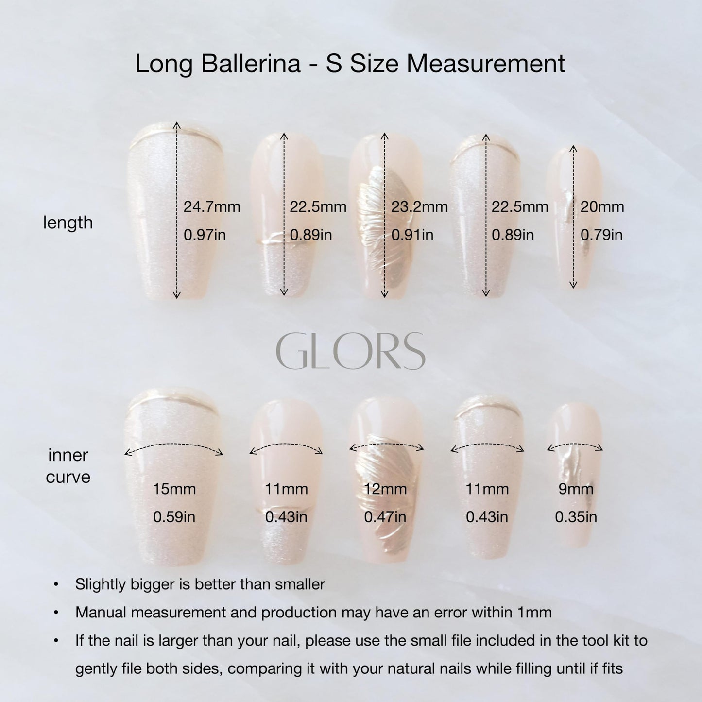 GLORS Press On Nails, Long Ballerina Style, Nude Pink with Gold Accents, 10 Pieces (Small,LB)