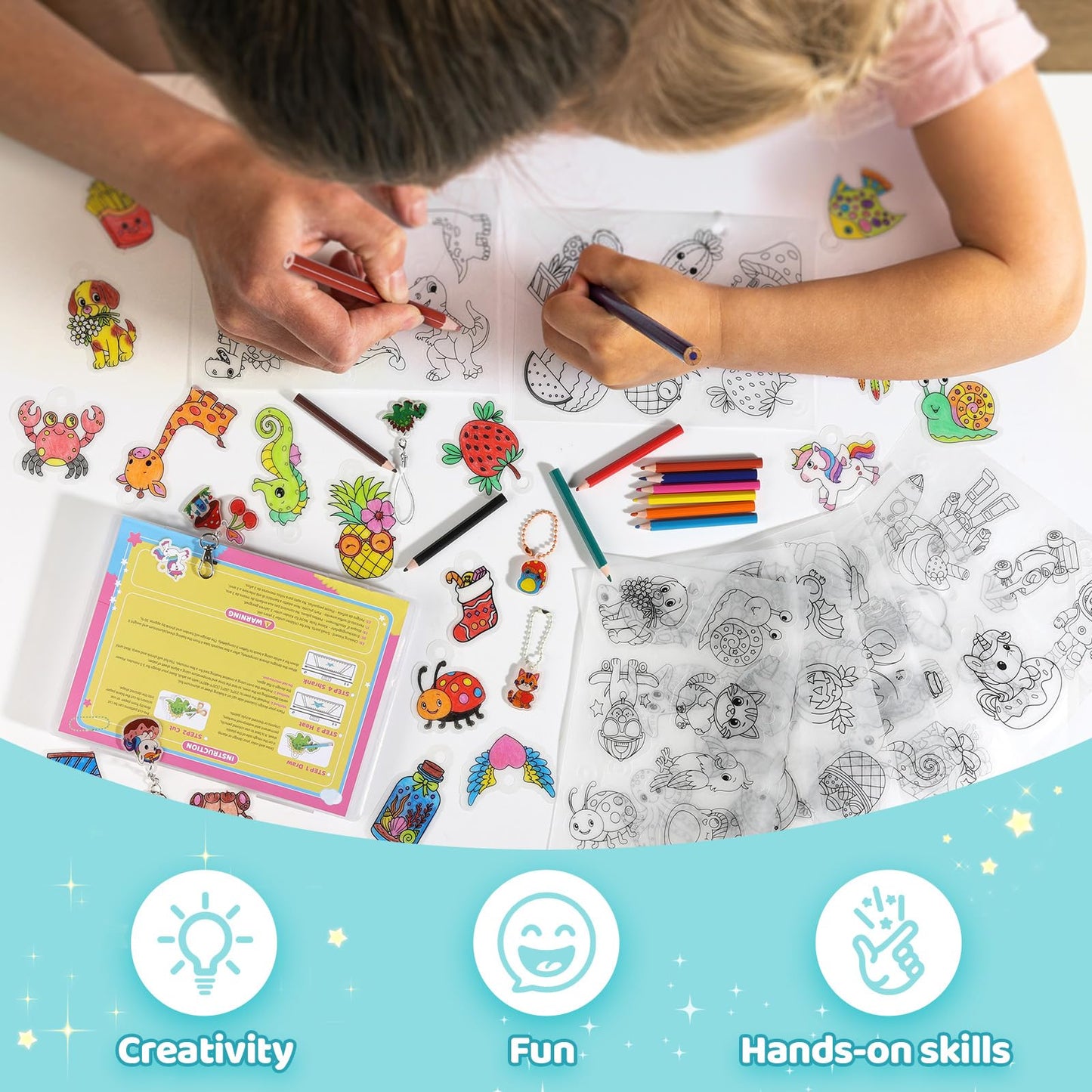Funtopia Shrinking Art Sheets Kits for Kids, 75 Pre-Cut Shrink Paper Craft Keychain Making Kit, 12 Themes DIY Shrink Art Plastic Sheets with Charms and Keychains Accessories