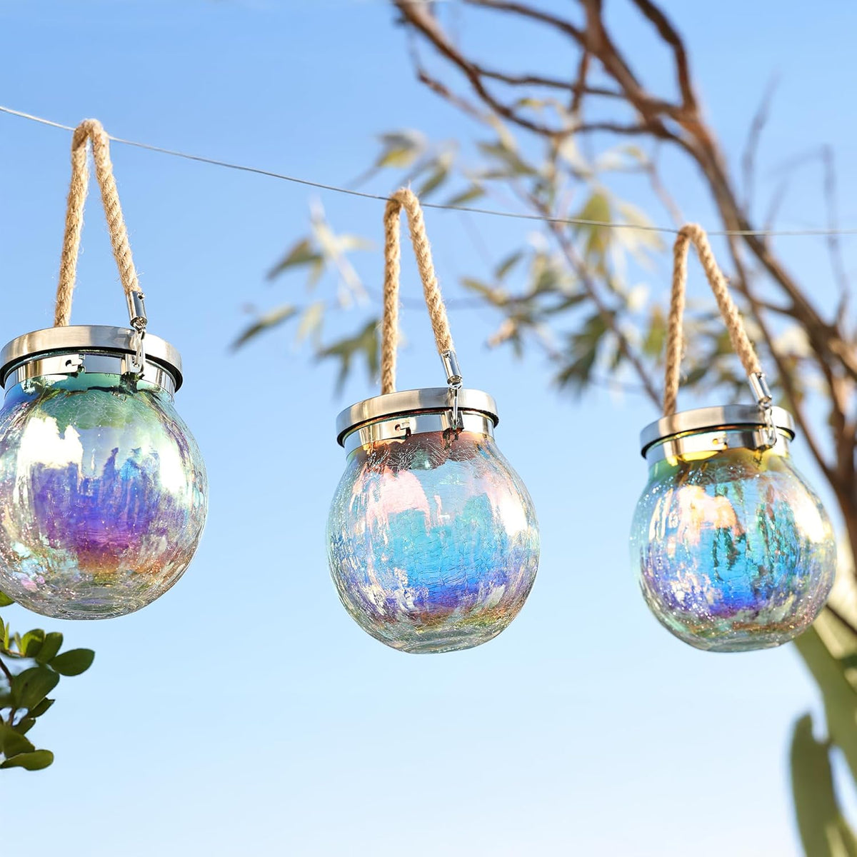 Cooo 2 Pack Solar Lantern Outdoor Waterproof Iridescent Crackle Glass with 215% Larger Solar Panel, Stainless Steel Lid – Rainbow Glass Hanging Light with Cool White LED for Garden Patio Table