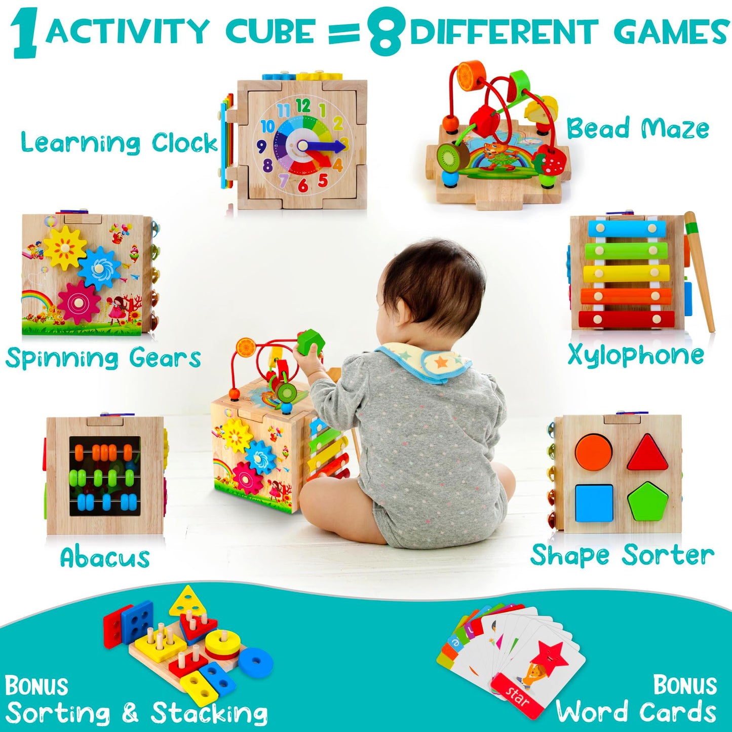 HELLOWOOD Wooden Activity Cube, 8-in-1 Montessori Baby Toys for 1+ Year Old Boys & Girls, Educational Learning Toys for Toddlers Age 1-2, 1st Birthday Gift | Bonus Sorting & Stacking Board