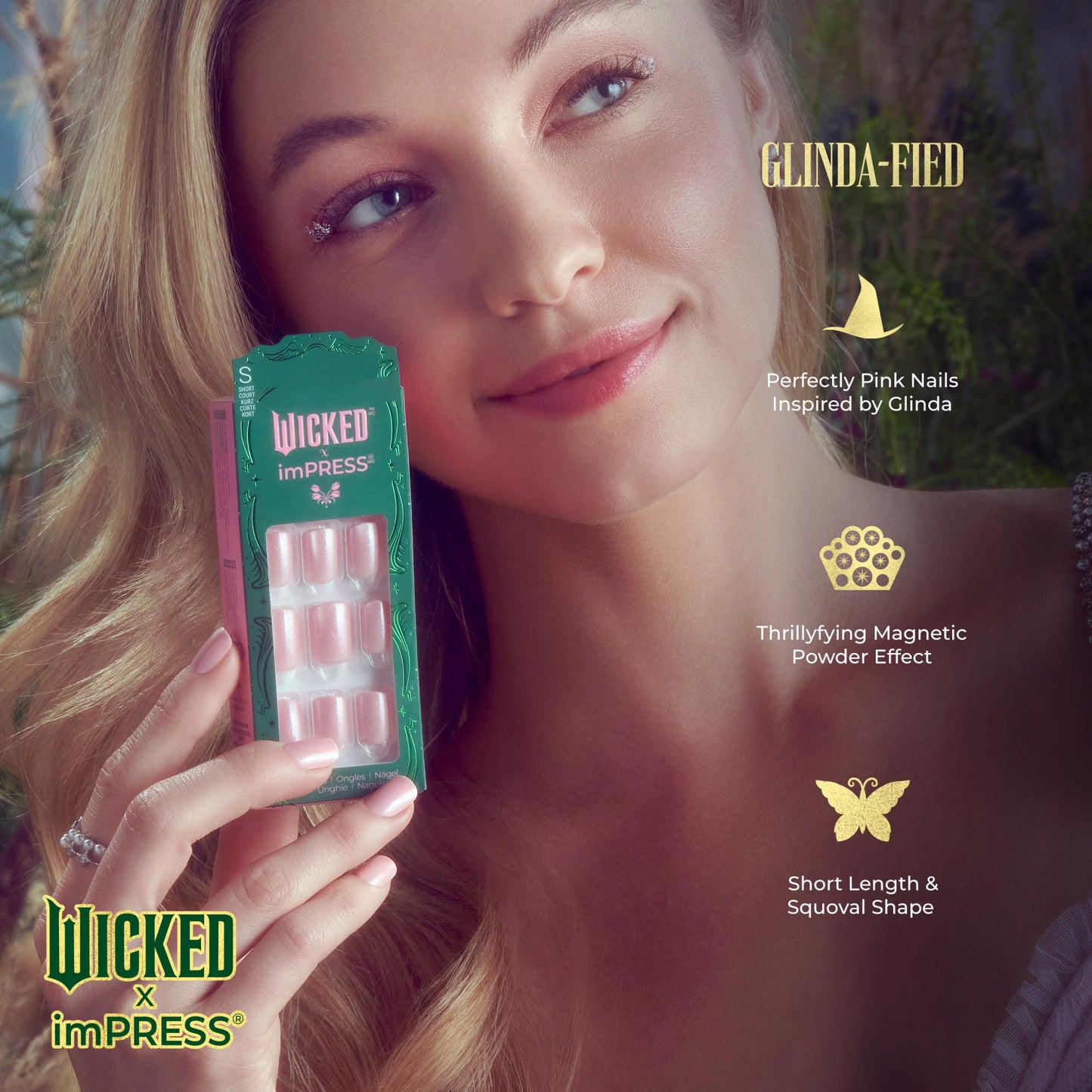 WICKED X imPRESS Press On Nails, New Improved Adhesive, Up To 10 Day Hold, ‘Glinda-fied’, Pink, Short Squoval, Includes 30 Fake Nails, 1 Prep Pad, 1 Manicure Stick, 1 Mini File