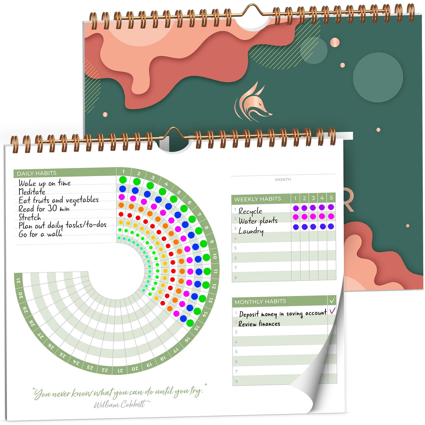 Clever Fox Habit Calendar Circle – 24-Month Inspirational Daily Habit Tracker with Colorful Pages – Routine & Goal Planner Journal (Dark Green & Red)