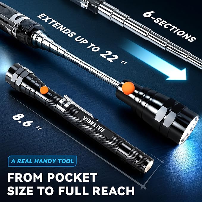 VIBELITE Extendable Magnetic Flashlight with Telescoping Magnet Pickup Tool-Cool Gadget Christmas Gifts Stocking Stuffers for Men, Husband, Dad, Father, Mechanic, Tech, Handyman, Him, Women, Black