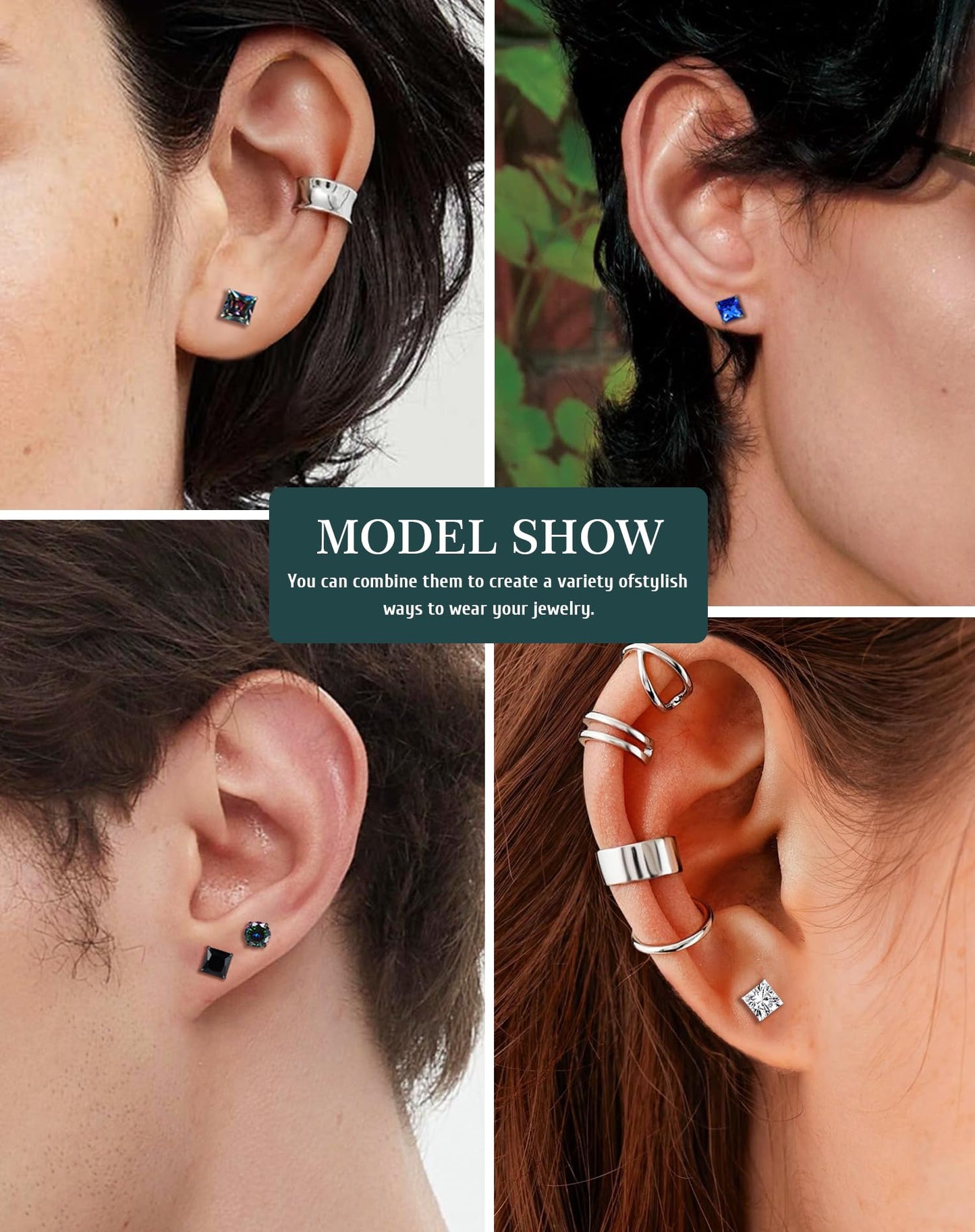 SIISPRI 4 Pairs Stainless Steel Magnetic Stud Earrings for Men Women Hypoallergenic Inlaid Cubic Zirconia Unisex Non-Piercing Clip On Stud Diamond Earrings Set