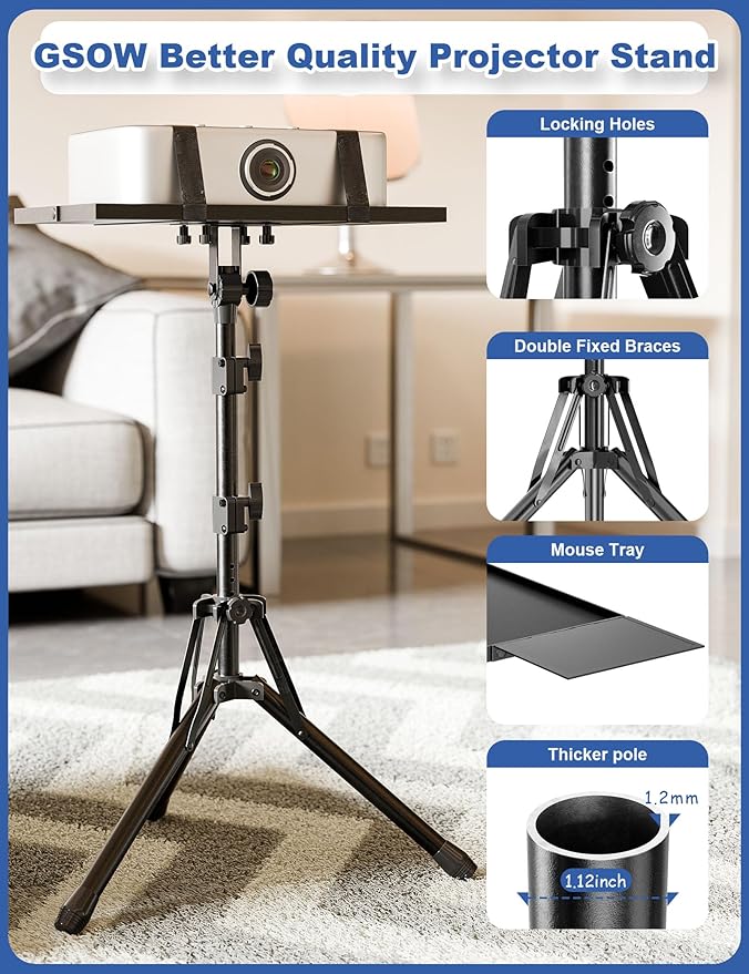 Projector Stand Tripod, Adjustable Height 26 to 56 Inch Laptop Tripod, Laptop Stand with Mouse Tray, Foldable Tripod for Projector with Carry Bag, Portable Podium Stand for Office, Home, Stage, DJ