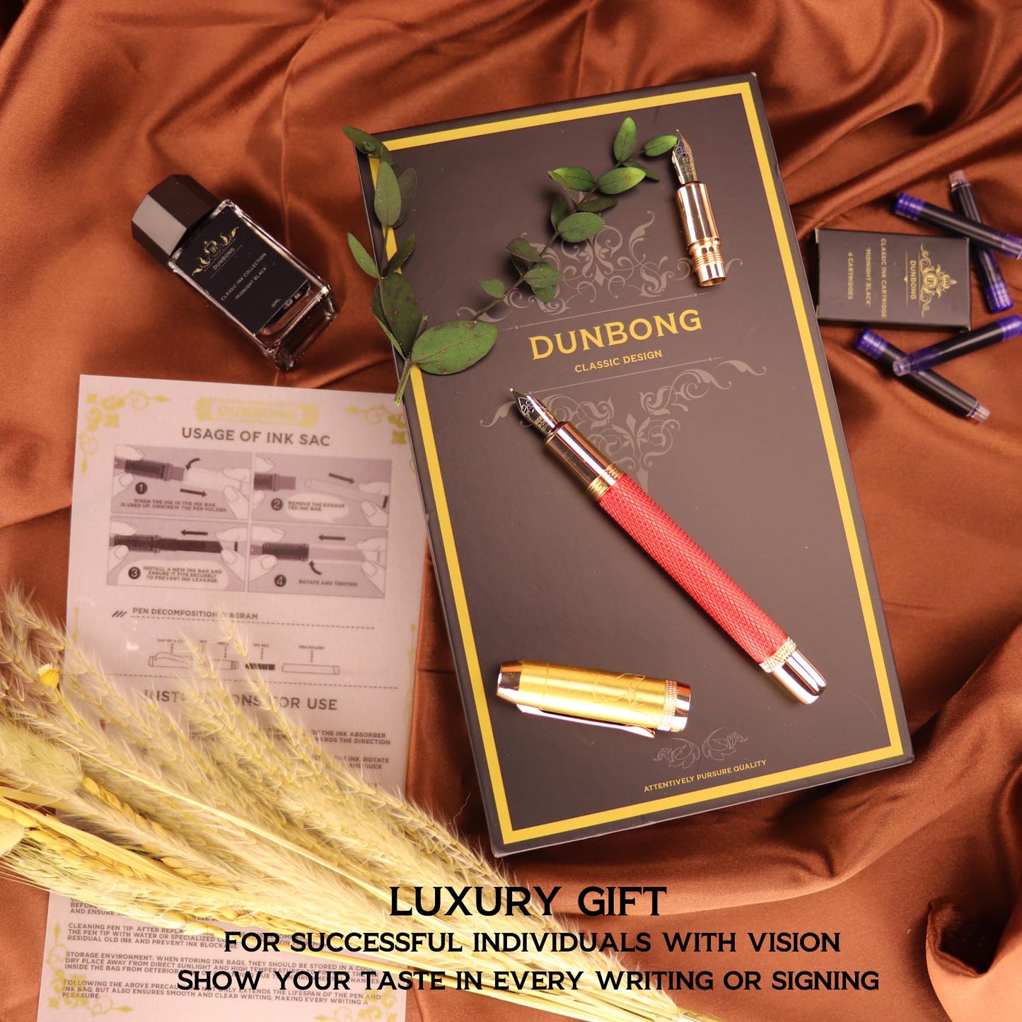 DUNBONG Luxury Fountain Pen, Aureate Gold Powder Finish, Gold Plating and Red Lacquer, Intricate Engraved Pattern, Gilded Medium Nib, Refillable Ink Converter, Luxury hard Gift Box(lion)