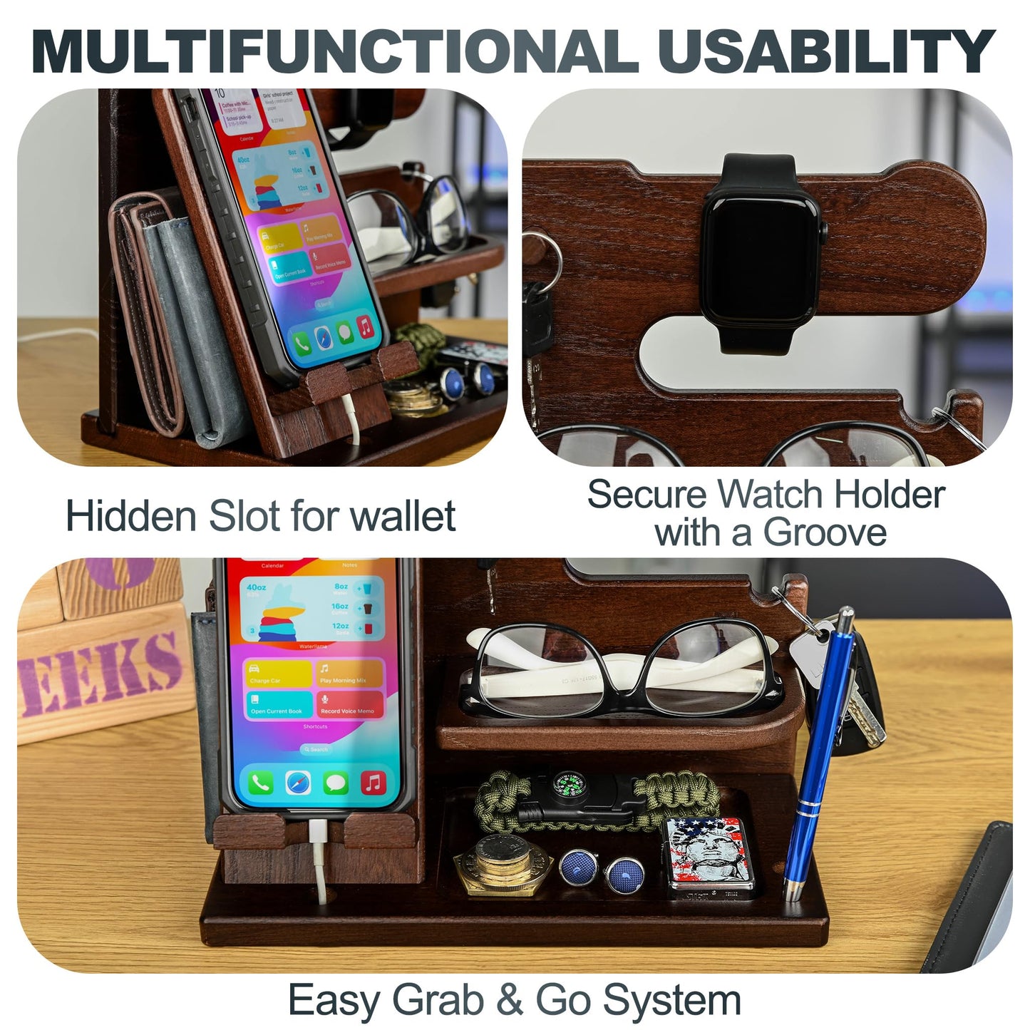 TESLYAR Wood Phone Docking Station for Men - Desk or Nightstand Organizer - Birthday Gifts for Husband, Dad - Anniversary Idea from Wife - Key Holder, Stand Wallet, Watch, Essentials (Chocolate Brown)