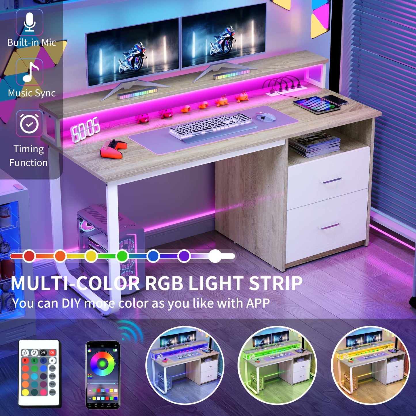 DWVO Computer Desk with Drawers, 47.2" Office Desk with Power Outlets & LED Light, Home Office Desk with Storage Shelves, White & Oak