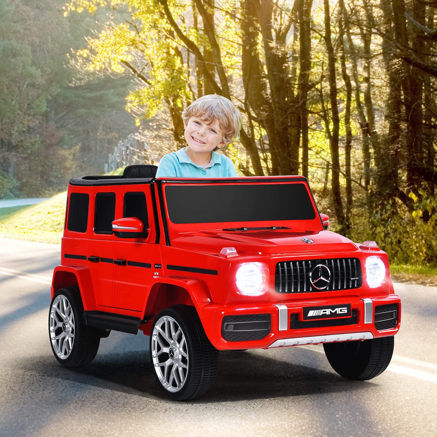 OLAKIDS 12V Kids Ride On Car, Licensed Mercedes Benz G63 Electric Vehicle with Remote Control, Double Open Doors, Music, Bluetooth, 2 Speeds, Wheels Suspension, Battery Powered Driving Toy (Red)