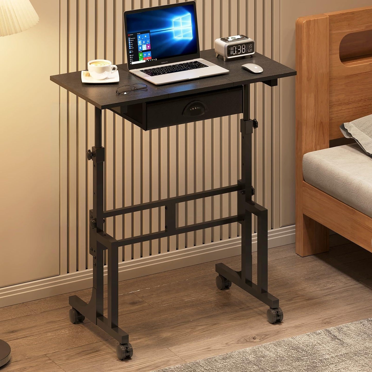 Adjustable Height Standing Desk With Drawer, Rolling Sit Stand Up Desk With Wheels, Small Sit To Stand Computer Desk, Adjustable Desktop Height, On Wheels, Black, For Walking Pad Laptop Treadmill