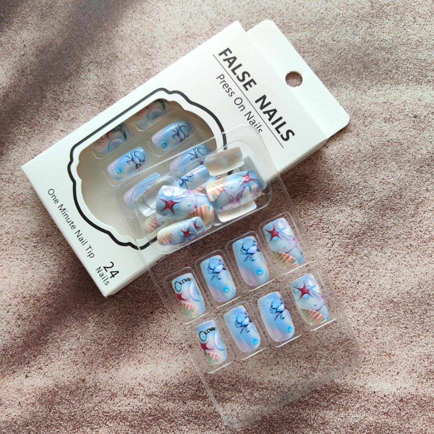 GCSQW Summer Press On Nails Medium Square Acrylic False Nails 24Pcs with Shell Starfish Designs Ocean Style Glossy Full Cover Stick on Nails Kit