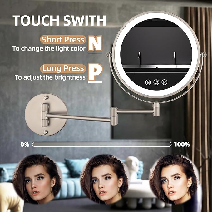 9" Wall Mounted Lighted Makeup Mirror with Magnification, 1X/10X Magnifying Mirror with Light, 3 Color LED 2000mAh Rechargeable Light Up Magnifying Nickel Extendable