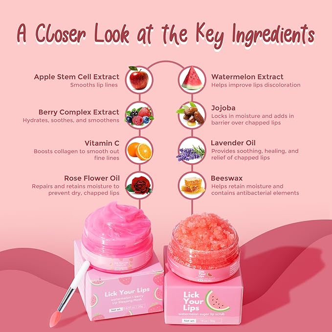 Watermelon Sugar Lip Scrub for Dry, 6-in-1 Lip Care Kit With Lip Sleeping Mask and Silicone Brush, Sugar Scrub, Sheet Mask to Reveal Luscious