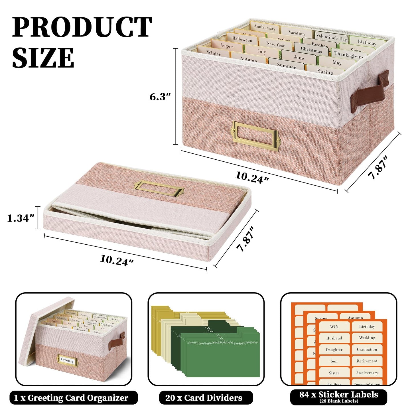 Vienrose Greeting Card Organizer Box with 20 Removable Dividers, 84 Self-Adhesive Labels, Foldable Storage Box Great for Greeting Cards, Photos, Envelopes, Stickers, Postcards Light Pink&Lotus