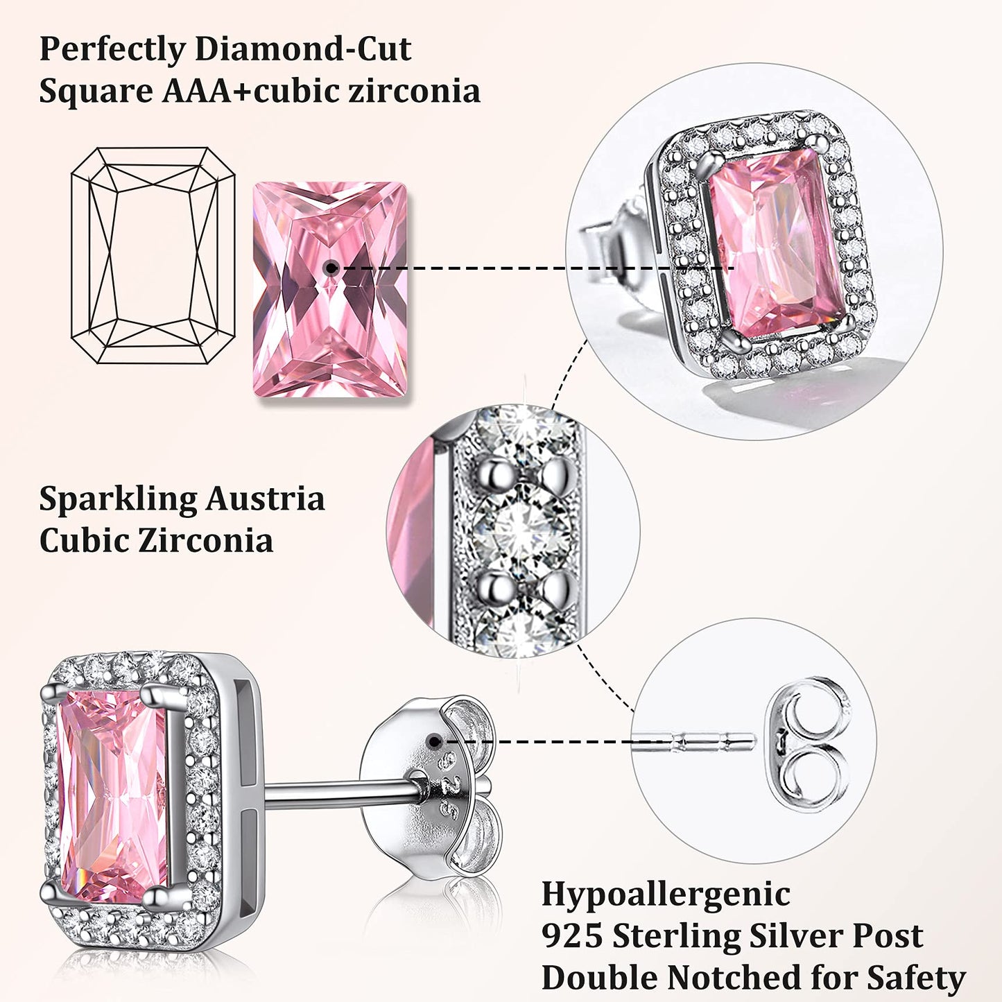 Bestyle Infinity Love Square Stud Earrings with October Pink Tourmaline Birthstone Crystal, Brilliant Love Square Diamond Studs Statement Jewelry for Women