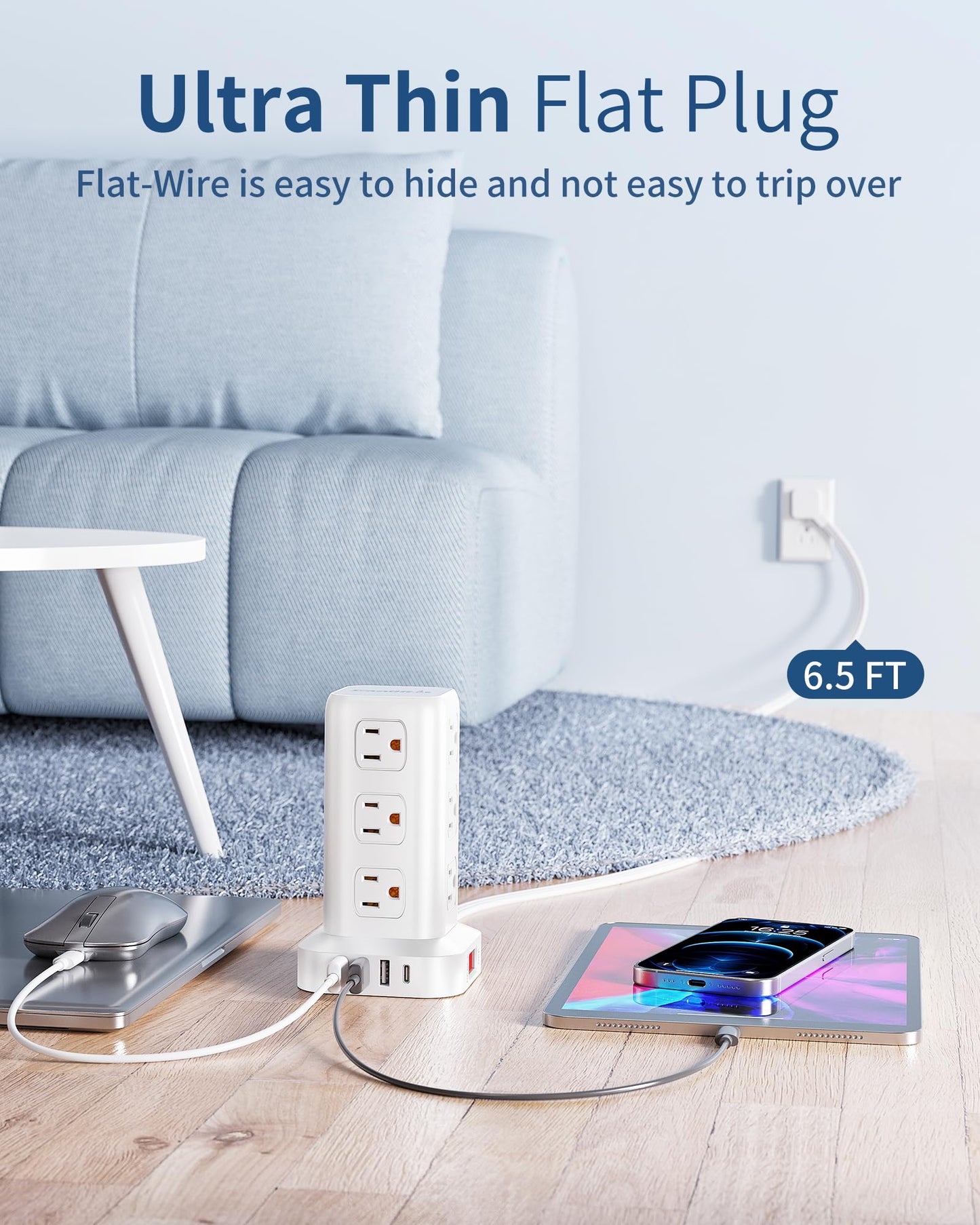 Extension Cord with Multiple Outlets, SMALLRT Flat Plug Surge Protector Power Strip Tower with USB 12 AC Outlets, 6.5FT Ultra Thin Extension Cord Outlet Extender for Home Office, Overload Protection