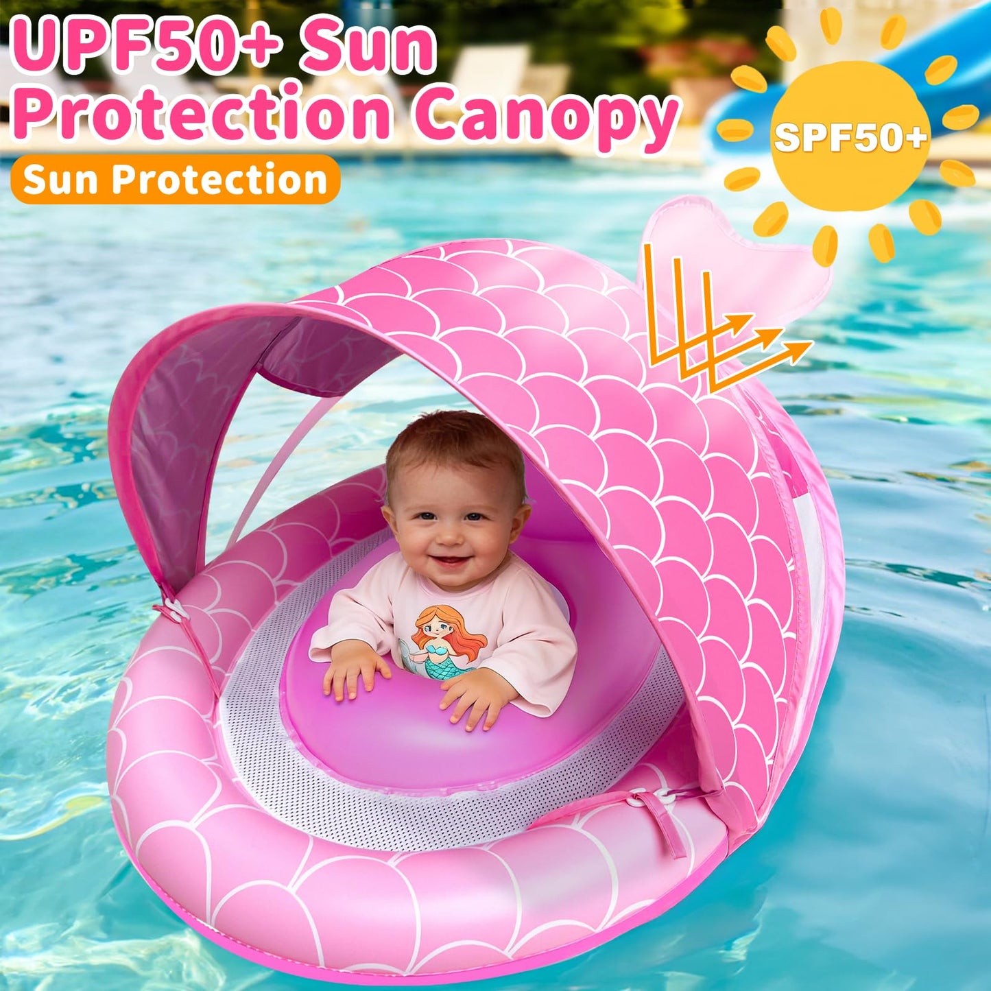 Baby Float with Canopy for Age 6-36 Months, UPF50+ Sun Protection 4 Stage Adjustable Canopy Dual Air Chambers Adjustable Safety Seat Inflatable Swim Pool Float for Baby Toddler