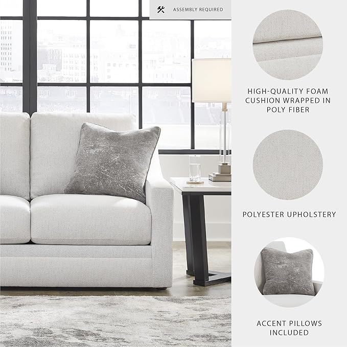 Signature Design by Ashley Maitelynn Contemporary Loveseat with Accent Pillows, Reversible Cushions and Sloped Arms, Light Gray