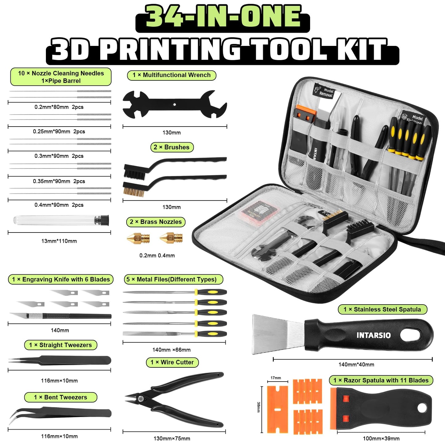 3D Printer Tools Kit, 34pcs 3D Printer Accessories for All FDM/SLA Printers Includes Nozzle Cleaning, Removal Scrapers, Finishing Tools, 5 Types of Files,Brushes, Wire Cutter, Engraving Knife
