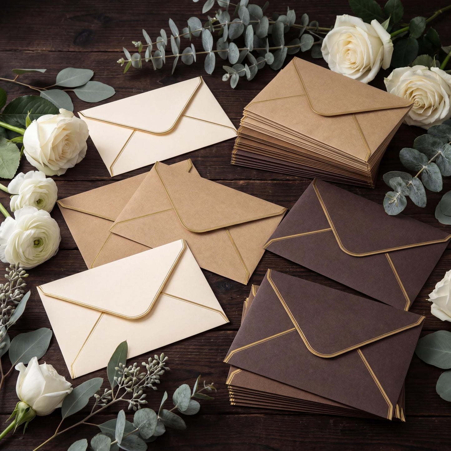 Cholemy Brown 4 x 6 Envelopes 50 Pack A6 Card Envelopes with Gold Border, 180 Gsm Self Adhesive V Flap Invitation Envelope for Wedding Bridal Shower Birthday Greeting Graduation Mailing Funeral