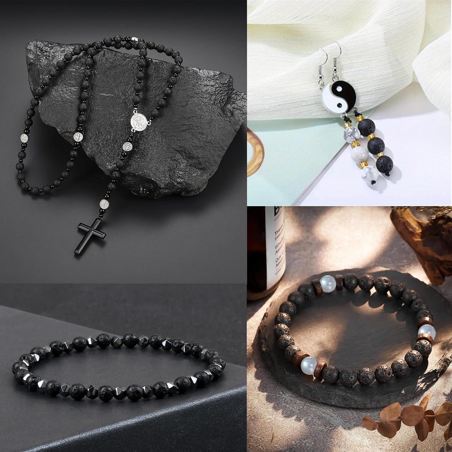 45pcs 8mm Natural Stone Beads Black Lava Beads Energy Crystal Power Gemstone for Jewelry Making, DIY Bracelet Necklace