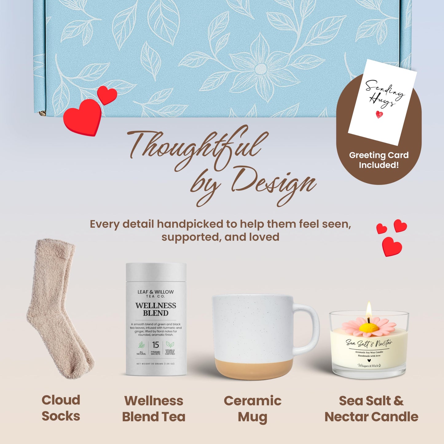 Wellness Tea Care Package for Women – Relaxation & Self-Care Gift Box with Cozy Cloud Socks, Ceramic Mug, Hand-Poured Candle & Sending Hugs Card (Wellness Blend)