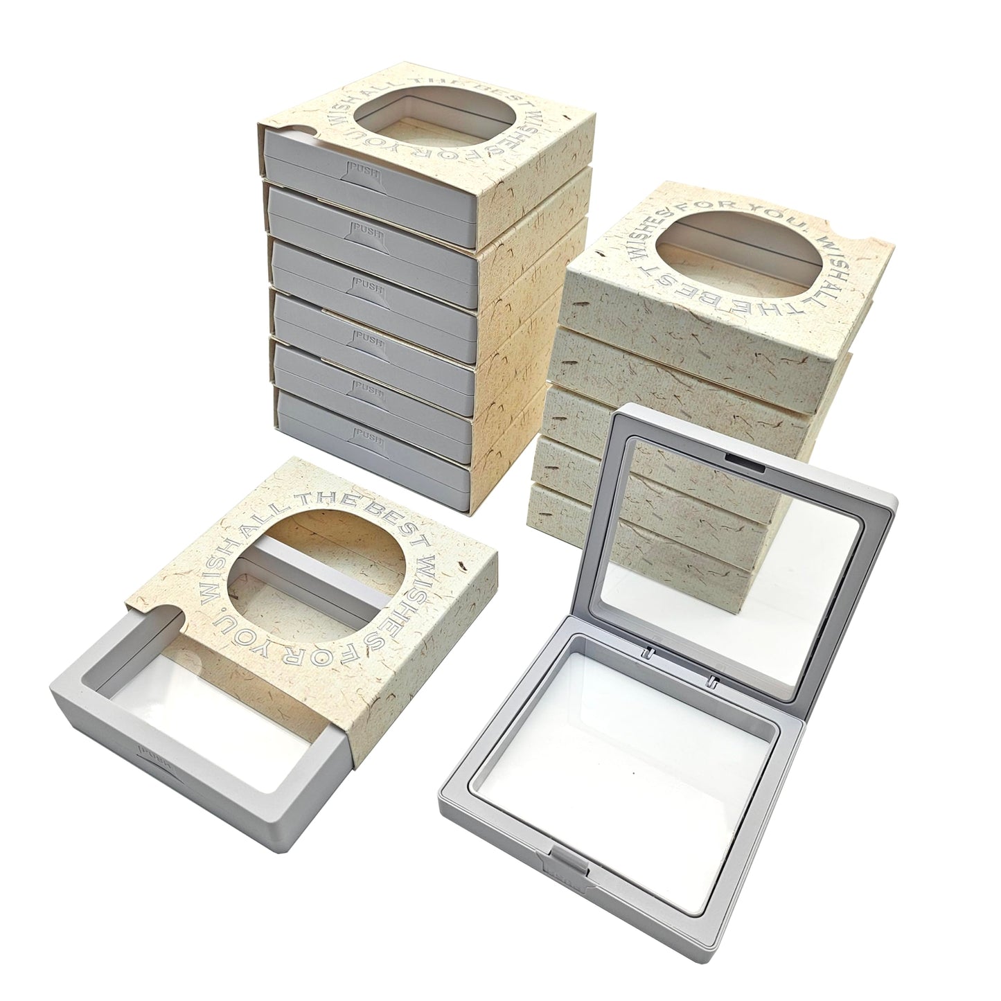 ITUTOO 12 PCS Packaging Box 3D Floating Frame Display Stand, Packaging Display Box, Transparent Window Jewelry Case, Jewelry Gift Box, Storage Case，PE Film Anti-oxidation (Off White)