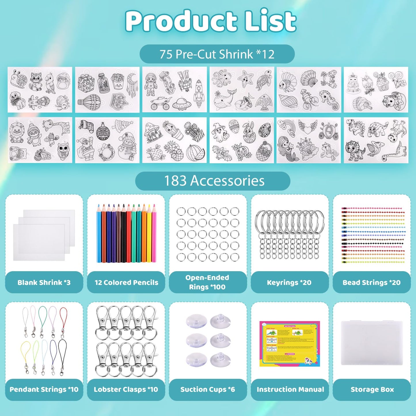 Funtopia Shrinking Art Sheets Kits for Kids, 75 Pre-Cut Shrink Paper Craft Keychain Making Kit, 12 Themes DIY Shrink Art Plastic Sheets with Charms and Keychains Accessories