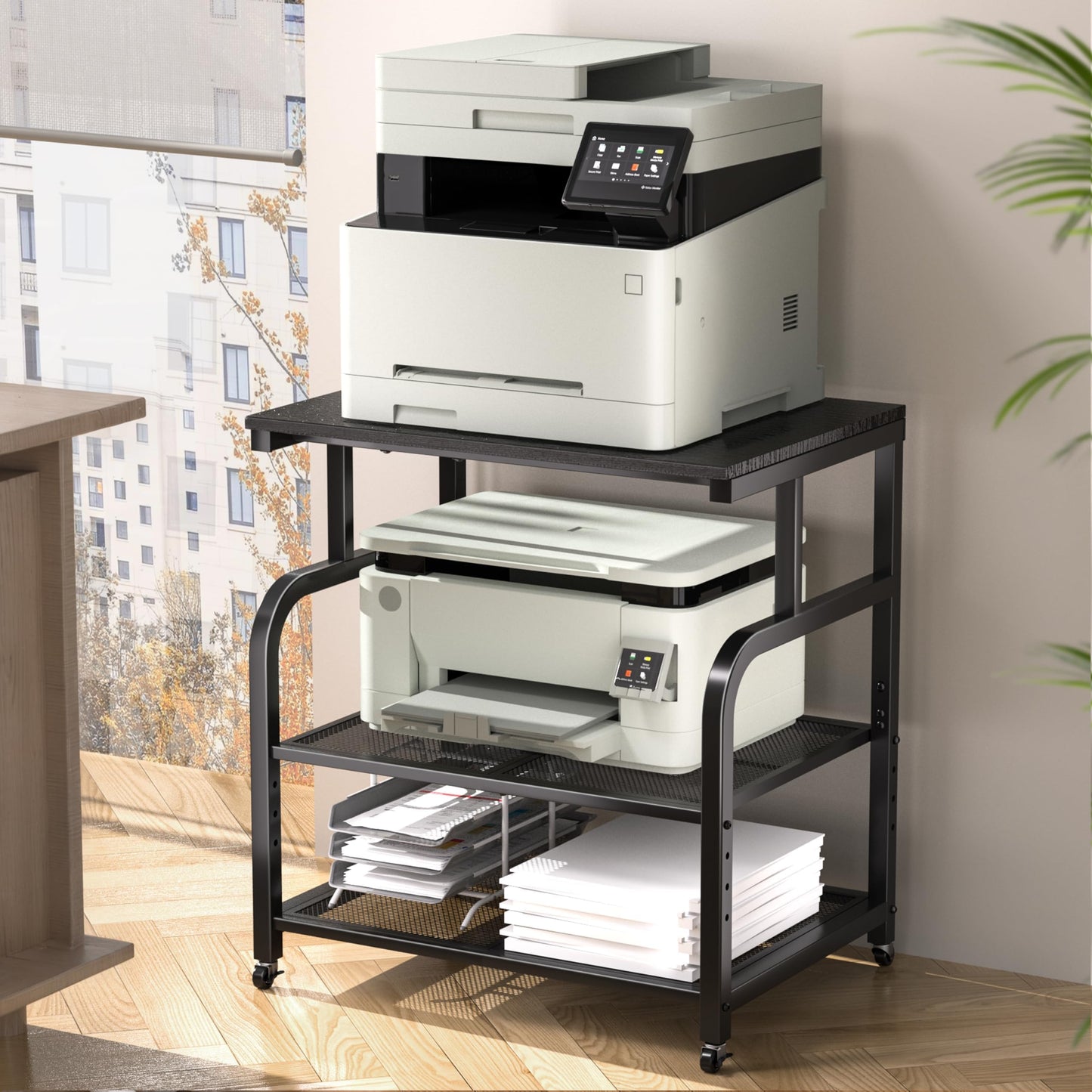 niffgaff Mobile Printer Stand with Large Desktop - 3 Tier Shelf, 24.4 Inch Height, Wooden Organizer for Home&Office, Black
