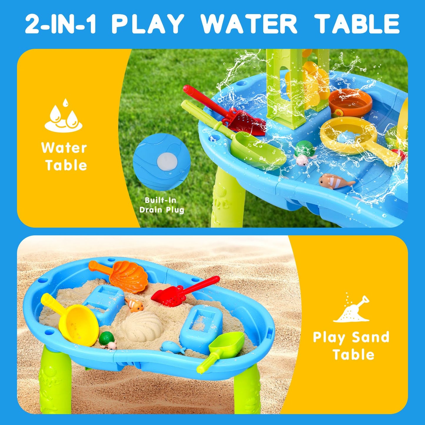 AuntyFey Water Table for Toddlers 1-3-5, Toddler Sand Table, Kids Water Table with Umbrella for Outside Kids Ages 4-8, Blue