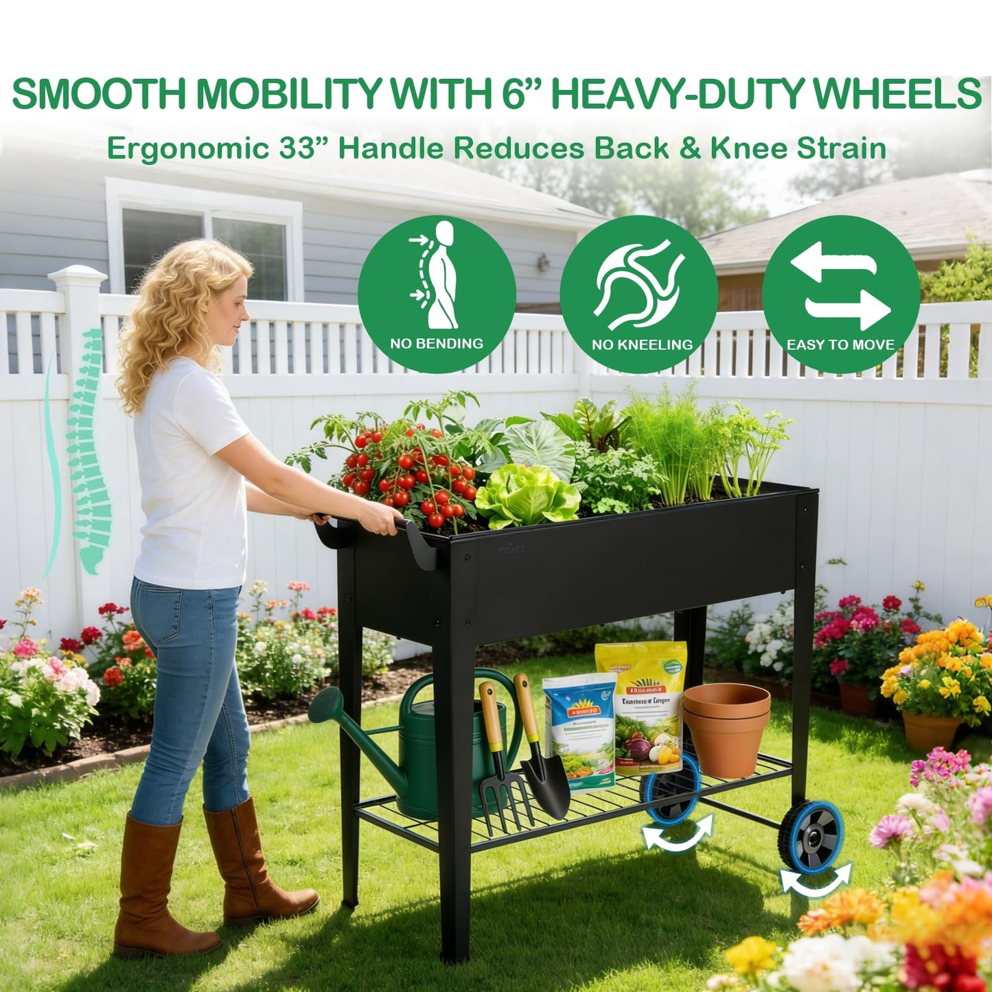 FOYUEE 2-Pack 32”Height Elevated Raised Garden Bed with Wheels & Storage Shelf, 400 Lbs Capacity, Anti-Rust, Space-Saving Planter for Vegetables, Herbs, Patio, Balcony, Backyard