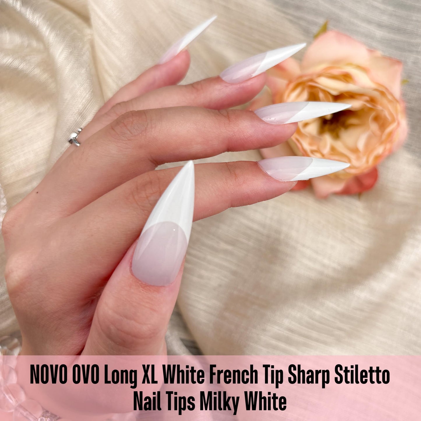 NOVO OVO White French Tip Long XL Sharp Stiletto Nail Tips Press on Milky White (Cloud Dancer), Soft Gel Double Matte Fake Nail Extension, Full Cover False Nails for Acrylic DIY x 16 Sizes 160 pcs